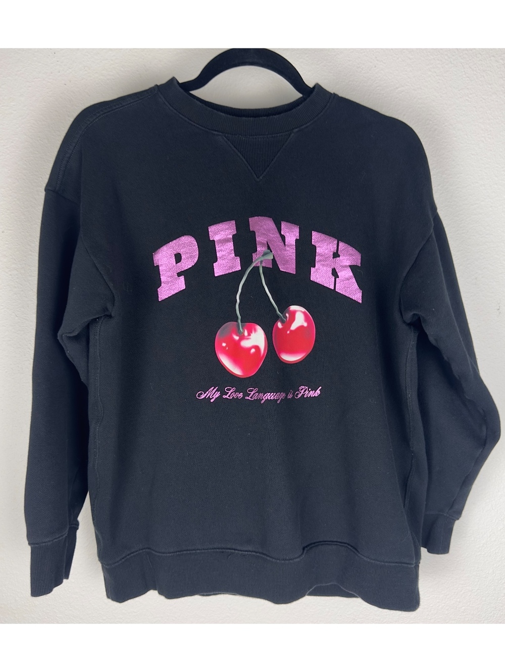 Victoria’s Secret PINK Cherry Graphic Sweatshirt Black Crewneck Y2K Coquette